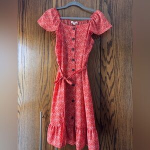 Belted orange & white floral dress